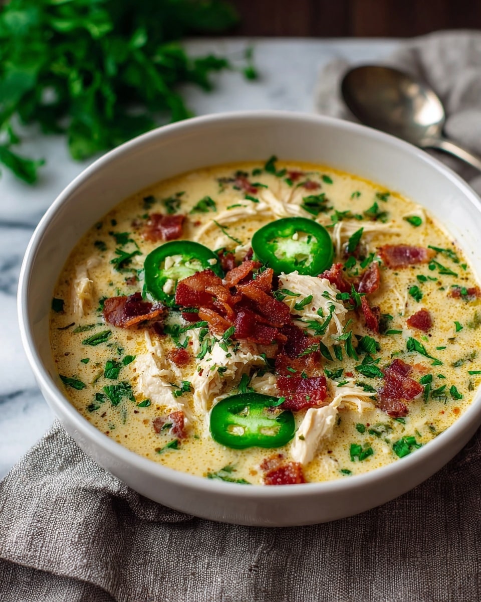 A bowl of creamy soup with a light yellow base filled with shredded white chicken pieces and topped with bright green slices of jalapeno peppers, small crispy reddish-brown bacon bits, and sprinkled with chopped fresh green herbs all over the surface. The white bowl sits on a soft textured gray cloth on a white marbled surface; in the background, there is a spoon on the cloth and fresh green herbs slightly blurred. Photo taken with an iphone --ar 4:5 --v 7