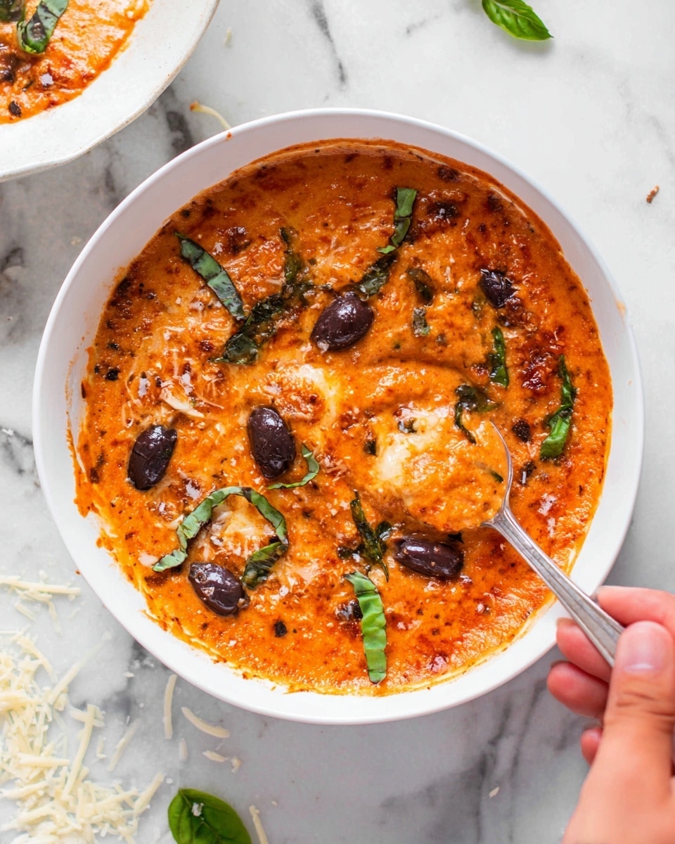 A white bowl filled with a thick, orange-red sauce base that looks creamy and slightly bubbly, topped with small dark purple olive slices and fresh green basil pieces scattered unevenly. The sauce layers have a smooth and slightly chunky texture, with some cheese melted and integrated into the sauce, creating a rich and hearty appearance. A woman's hand holding a silver spoon is dipping into the bowl on the right side, causing slight ripples in the sauce. The bowl is placed on a surface with a white marbled texture, with shredded white cheese and small green basil leaves sprinkled around it. photo taken with an iphone --ar 4:5 --v 7