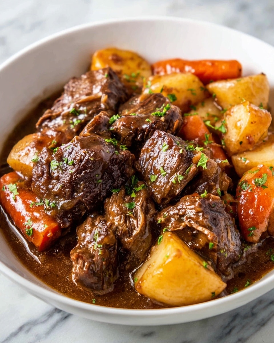 A white bowl filled with a hearty beef stew, showing several chunks of dark brown, tender beef layered on one side with a glossy, rich brown gravy. On the other side, there are pieces of beige potatoes and bright orange carrots, all coated with the same shiny sauce and garnished lightly with small green parsley bits. The stew looks moist and succulent with a mix of soft textures. The background is a white marbled surface. photo taken with an iphone --ar 4:5 --v 7