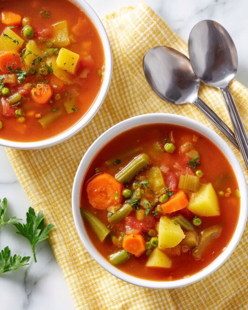 Two white bowls filled with vegetable soup sit on a yellow checkered cloth placed on a white marbled surface. The soup has a rich red broth with visible chunks of bright orange carrots, green peas, light green celery, green beans, and pale yellow potatoes, all mixed with small bits of herbs. The texture looks hearty and chunky. Next to the bowl on the right, two shiny silver spoons rest on the cloth. Some fresh green parsley leaves are also on the cloth near the bowls. photo taken with an iphone --ar 4:5 --v 7
