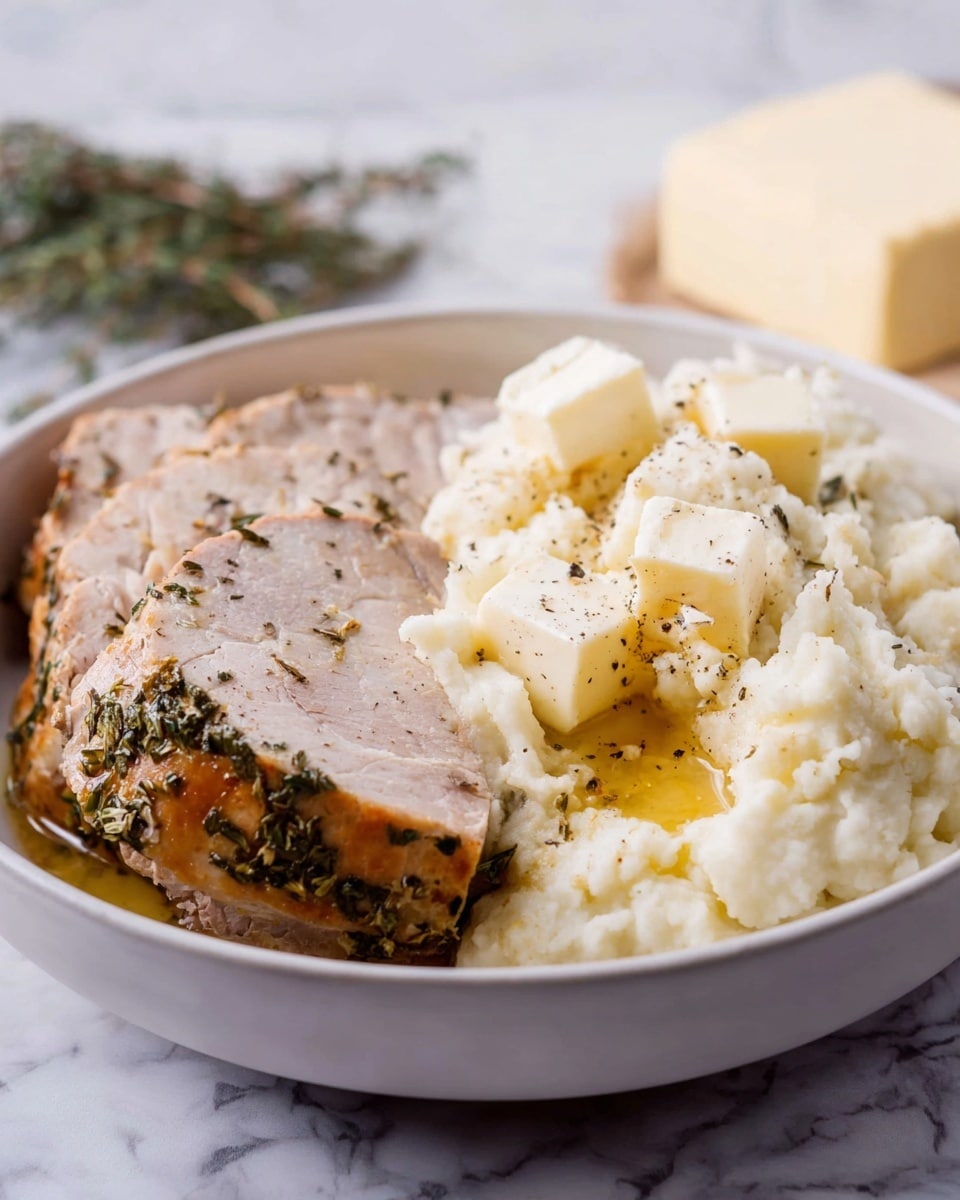 The image shows a white round bowl filled with creamy mashed potatoes on the right side, topped with small cubes of butter melting into the potatoes, and sprinkled with black pepper. Two thick slices of herb-seasoned roasted pork, light pinkish-brown with specks of green herbs, are leaning against the mashed potatoes on the left side. The bowl rests on a white marbled surface with some blurred greenery and a block of butter in the background. photo taken with an iphone --ar 4:5 --v 7