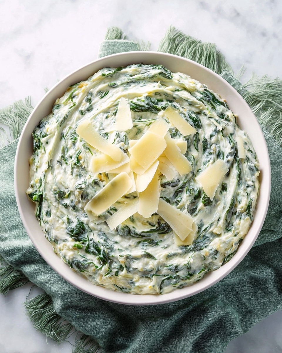 A top view of a white bowl filled with creamy spinach dip, showing two layers: a thick, creamy white base mixed evenly with bright green cooked spinach leaves creating a textured swirl, and on top, several thin pale yellow slices of cheese placed in the center. The bowl sits on a soft muted green cloth with fringed edges, all set against a white marbled surface. Photo taken with an iphone --ar 4:5 --v 7