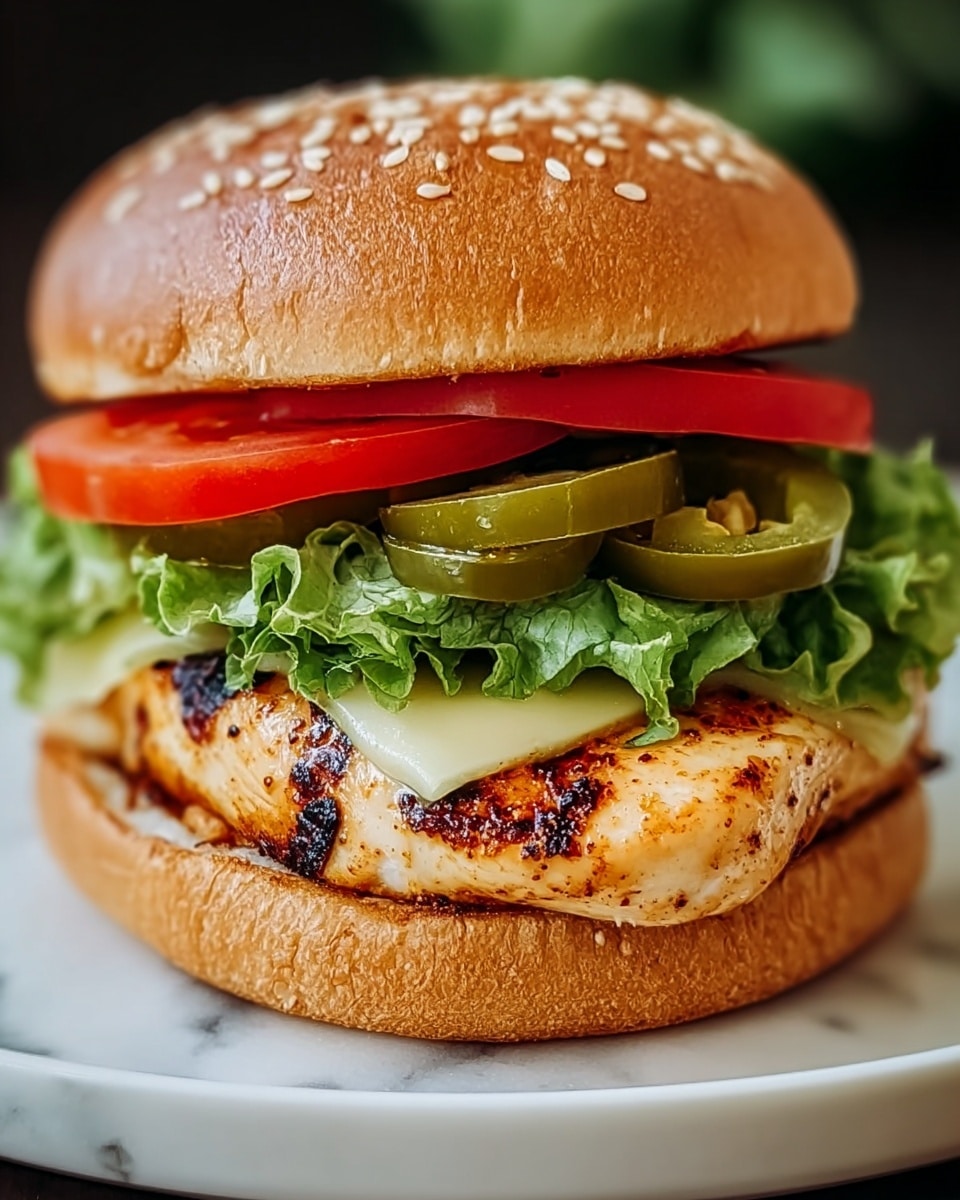 A close-up of a grilled chicken sandwich on a sesame seed bun, with four main layers visible: starting at the bottom is a light brown toasted bun with a soft texture, topped by fresh green leaf lettuce with slightly ruffled edges, followed by a thick grilled chicken fillet with charred marks and a slightly golden-brown color, then a slice of pale yellow cheese partially melted, topped with two bright red tomato slices and three thick green jalapeno rings with visible seeds. The sandwich sits on a white plate, placed on a white marbled surface. Photo taken with an iphone --ar 4:5 --v 7
