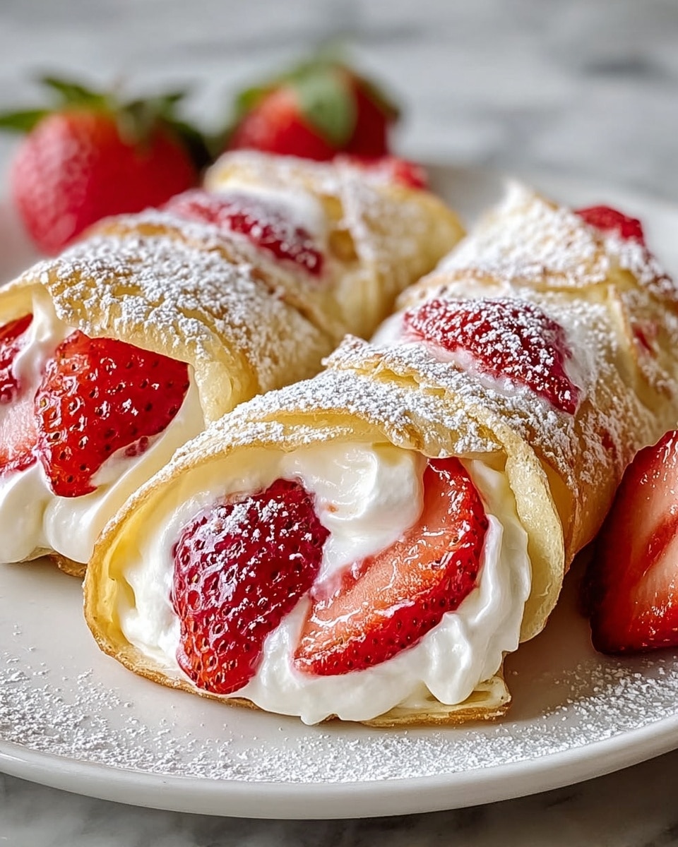 The image shows two rolled crepes placed side by side on a white plate with a white marbled texture surface underneath. Each crepe has one visible rolled layer of thin, golden-brown crepe forming the outer shell. Inside the crepe, there is a thick layer of white creamy filling, with slices of bright red strawberries embedded in it. The crepes are dusted with a thin layer of white powdered sugar on top, covering part of the crepes and strawberries. The strawberries appear fresh, juicy, and vibrant, contrasting with the soft cream and the light crisp texture of the crepe. Photo taken with an iphone --ar 4:5 --v 7