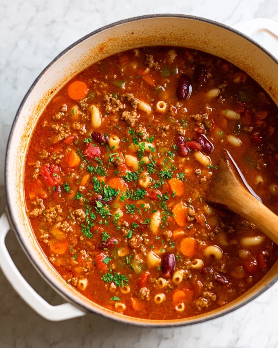 A white pot filled with a thick tomato soup containing small pasta, ground meat, kidney beans, chopped orange carrots, and diced tomatoes. The soup is topped with finely chopped green herbs scattered all over. A wooden spoon is partially placed inside the pot, stirring the soup. The pot is on a white marbled surface. photo taken with an iphone --ar 4:5 --v 7