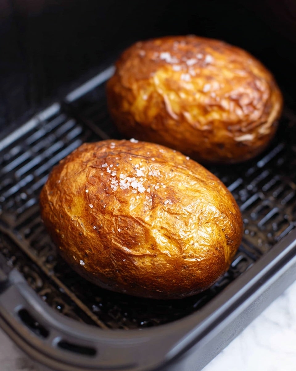Two round baked potatoes with a crispy brown skin sit inside a black air fryer basket. The potato in the foreground shows a golden textured surface with some coarse salt crystals scattered on top. The potato in the background is slightly blurred but shows the same golden color and texture. The air fryer basket has a grid pattern and a dark black color, and the overall scene is set against a white marbled texture. photo taken with an iphone --ar 4:5 --v 7
