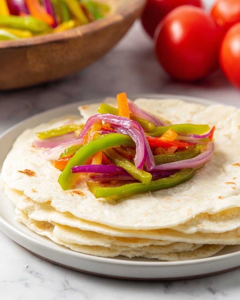 A close-up view of a black frying pan filled with sautéed sliced vegetables, including bright green and red bell pepper strips and translucent pinkish-purple red onion rings, lightly glistening with oil. A wooden spatula is lifting some of the vegetables on the right side of the pan. In the background, a white marbled surface is visible along with a partially sliced ripe avocado and some flour tortillas. The overall look is colorful and fresh, with the vegetables slightly cooked but still vibrant. photo taken with an iphone --ar 4:5 --v 7