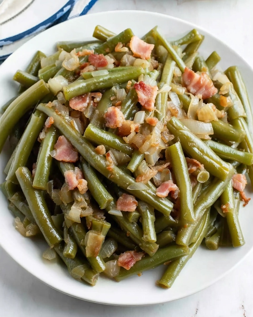 The image shows a heap of cooked green beans cut into short pieces, mixed with small bits of pinkish bacon and translucent cooked onions, all placed on a white plate. The green beans have a soft but intact texture, and the bacon pieces are scattered evenly throughout, adding a contrasting pop of color. The white plate sits on a white marbled surface, making the green and pink tones stand out clearly. photo taken with an iphone --ar 4:5 --v 7
