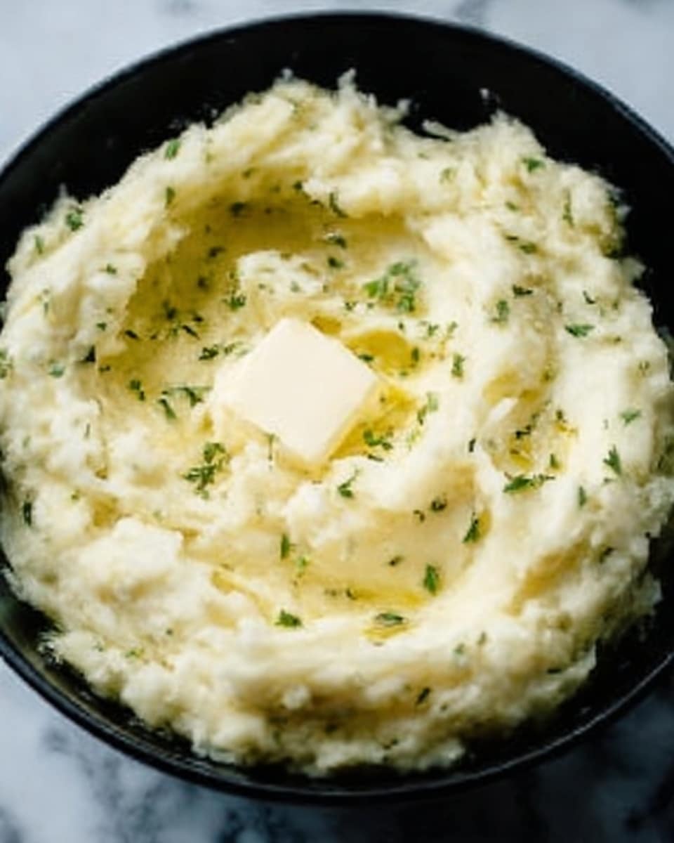 The image shows a close-up of mashed potatoes in a black bowl. The mashed potatoes are creamy with a soft texture, light yellow in color with small bits of herbs sprinkled on top. There is a small square of butter melting in the center, adding a glossy touch to the smooth surface. The black bowl contrasts with the pale mashed potatoes, and the background is a white marbled texture. photo taken with an iphone --ar 4:5 --v 7