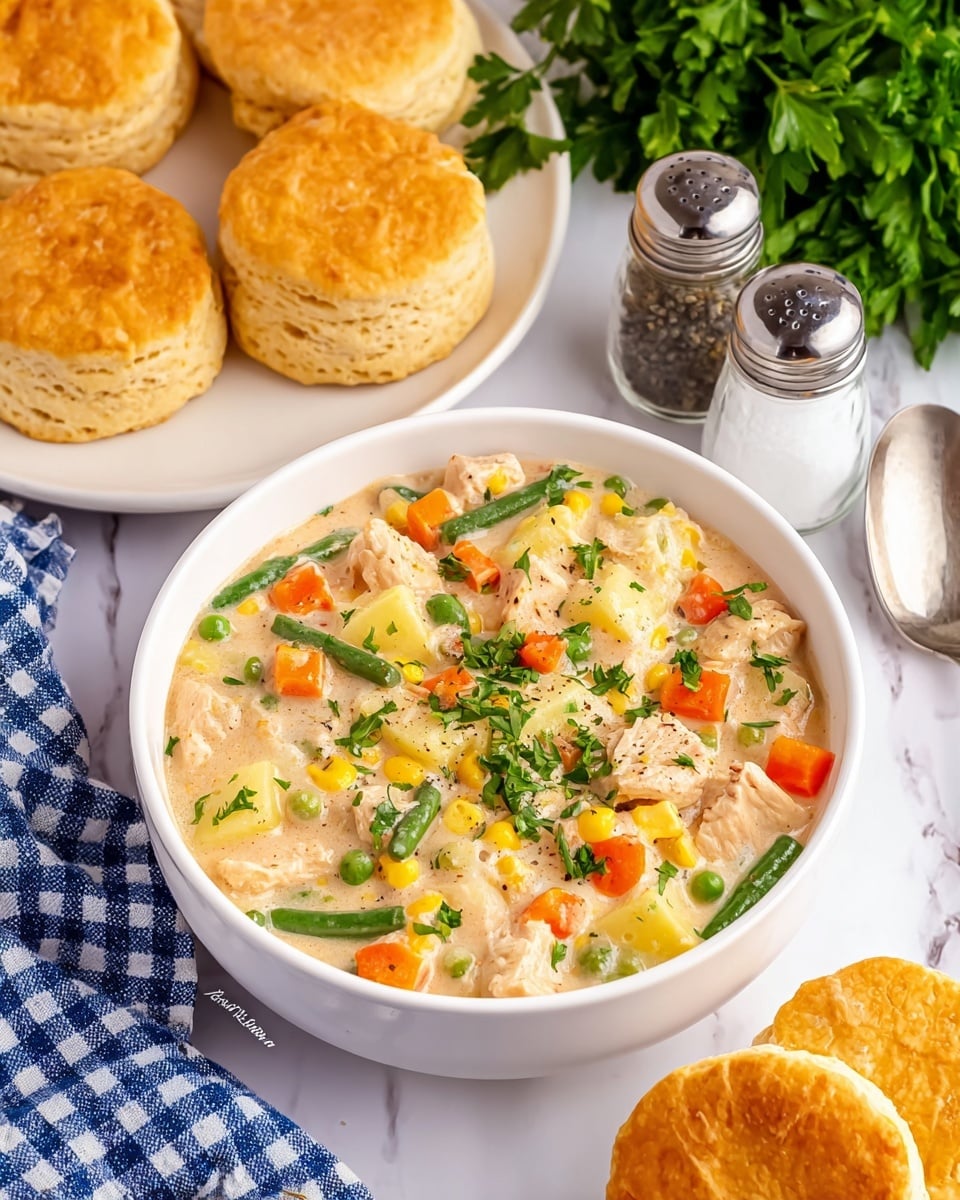 A close-up of a thick creamy chicken stew inside a black slow cooker, showing chunky white pieces of chicken along with bright green peas, orange carrot cubes, yellow corn kernels, green beans, and parsley leaves scattered throughout the creamy light beige broth. A metal ladle lifts a spoonful of the stew, displaying the colorful mix of vegetables and tender chicken in the center of the image. The background has a white marbled texture creating a clean and simple look. photo taken with an iphone --ar 4:5 --v 7