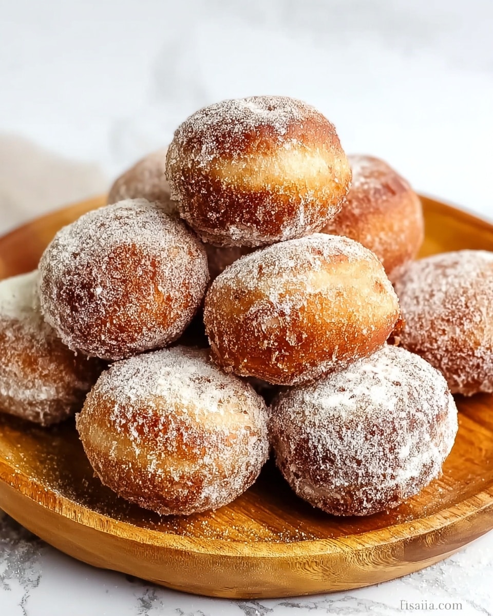A round wooden board holds nine small round doughnuts piled in a loose mound. Each doughnut has a golden-brown color and is coated with a fine layer of white powdered sugar that lightly dusts the surface, giving a soft, slightly rough texture. The doughnuts have a soft and fluffy appearance with some slight cracks and variations in shape, showing their handmade look. The background is a white marbled texture, soft and bright, adding clean contrast to the warm tones of the doughnuts. Photo taken with an iphone --ar 4:5 --v 7