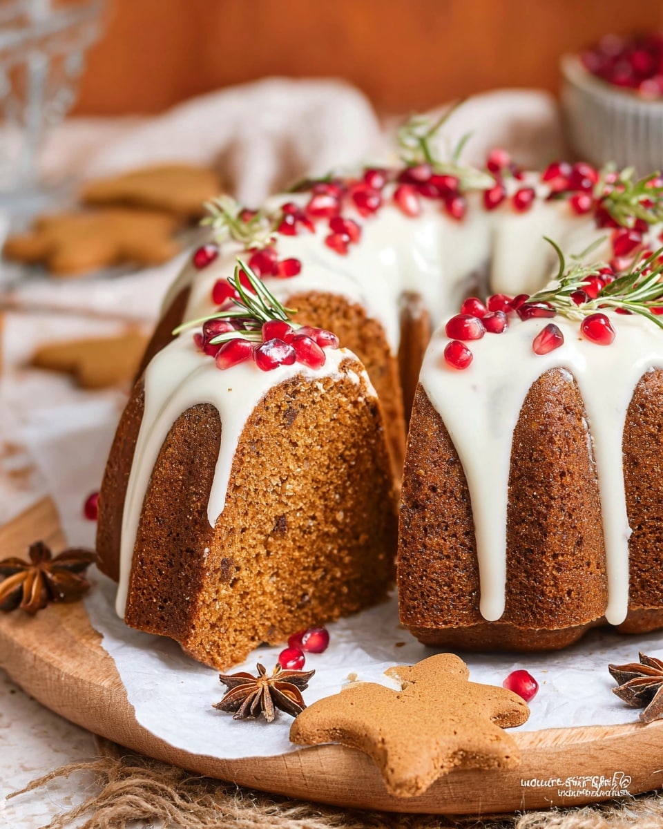 A brown bundt cake with a moist, fine crumb texture is topped with white icing that drips smoothly down the sides. The icing is decorated with small clusters of bright red pomegranate seeds and green rosemary sprigs, placed evenly around the top. One thick slice is cut from the cake, showing the dense interior. The cake sits on white parchment paper on a wooden board, with two gingerbread-shaped cookies in front, adding a slightly rough texture. There are also some star anise and scattered pomegranate seeds around the board. The background is softly blurred, with warm tones and a white marbled texture surface beneath everything. Photo taken with an iphone --ar 4:5 --v 7