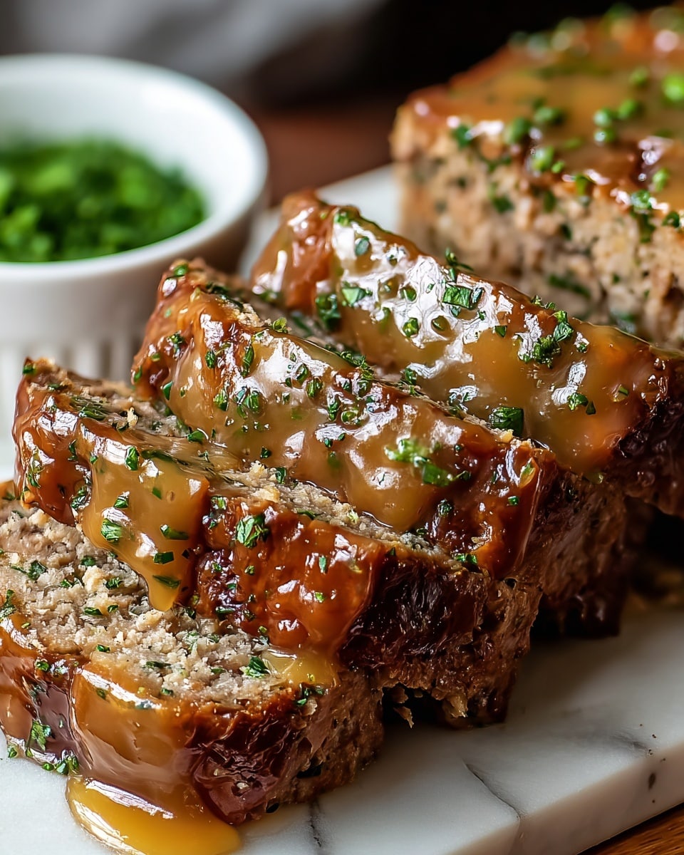 The image shows a close-up of sliced meatloaf on a wooden board. Each thick slice is coated with a shiny, honey-colored glaze that drips slightly down the sides. Flecks of green herbs are scattered over the top and sides of the meatloaf, adding a fresh touch to the warm brown crust. The texture of the meat inside is coarse and slightly crumbly, dotted with small bits of seasoning. In the background, a white bowl filled with more chopped green herbs is slightly blurred. The whole scene is set against a white marbled surface. photo taken with an iphone --ar 4:5 --v 7
