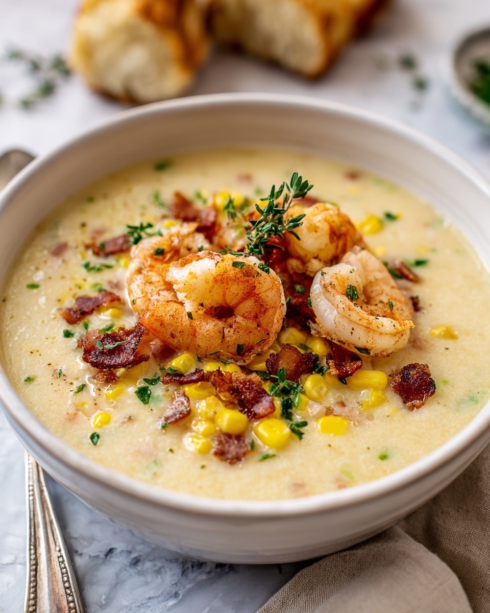 The image shows a white bowl filled with creamy soup that has a smooth texture. On top, there are layers of pink cooked shrimp arranged in the center, scattered yellow corn kernels, and small bits of crispy brown bacon. Some green thyme sprigs are placed on top as garnish. The bowl sits on a white marbled surface with a spoon nearby and blurred bread pieces in the background. A woman's hand is partially visible at the edge of the frame. photo taken with an iphone --ar 4:5 --v 7