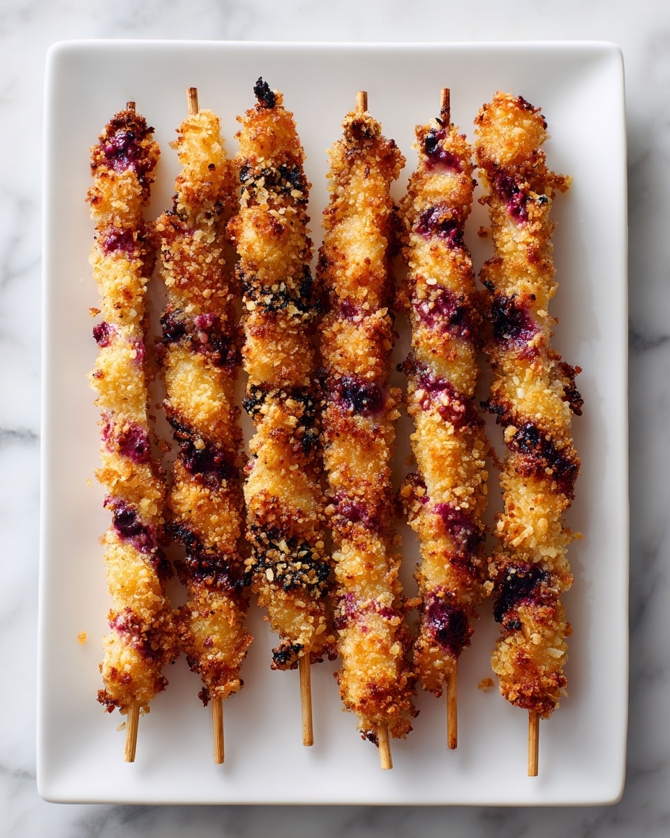 The image shows six skewers of crispy, golden-brown fried sticks covered with a grainy coating that looks like crushed nuts or sugar mixed with black specks. Each stick has small dark purple spots scattered throughout, giving a hint of berries inside. The sticks are neatly lined up side by side on a clean white rectangular plate, placed on a surface with a white marbled texture. The texture of the coating is rough and crunchy, contrasting with the soft look of the berry spots embedded in the sticks. photo taken with an iphone --ar 4:5 --v 7