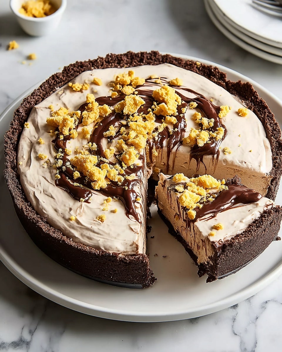 The image shows a chocolate cream pie on a white plate with a slice removed, revealing three clear layers: a dark, crumbly chocolate crust as the base, a thick, smooth layer of light brown chocolate cream in the middle, and a generous topping made of chunky peanut butter-colored dollops with a drizzle of dark chocolate syrup over it. The pie edges are ridged, and crumbs are scattered on the plate. The pie sits on a white marbled surface, with part of the black pie pan and a white napkin with a fork visible in the background. photo taken with an iphone --ar 4:5 --v 7