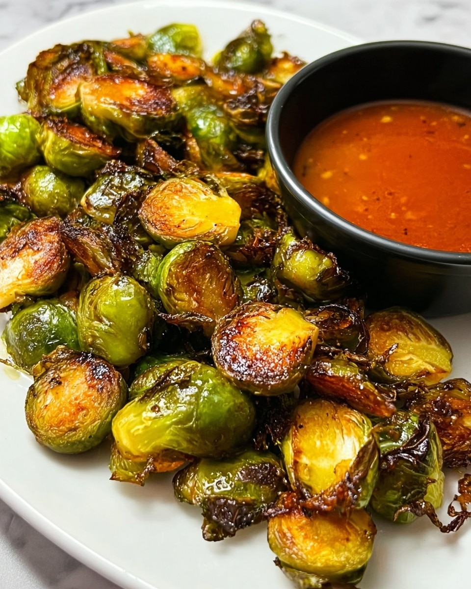 The image shows a white plate filled with roasted Brussels sprouts, each piece cut in half, showing a mix of golden brown and slightly charred green surfaces, with some caramelized edges. On the right side of the plate, there is a black bowl containing a reddish-brown dipping sauce that looks smooth and slightly oily. The Brussels sprouts appear crispy and well-cooked, with a shiny glaze that hints at seasoning or oil. The background is a white marbled texture. photo taken with an iphone --ar 4:5 --v 7