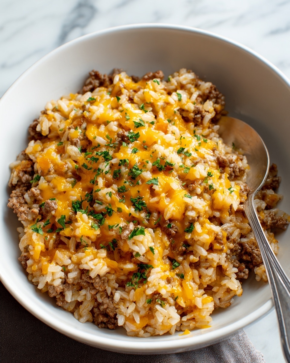 A white bowl filled with a mixed dish of cooked white rice and browned ground meat, topped with melted orange-yellow cheddar cheese and small green parsley pieces sprinkled over the top, giving a fresh contrast in color and texture. The mixture looks soft and hearty, with the grains of rice and crumbled meat visible throughout. The bowl sits on a surface with a white marbled texture, and a silver spoon rests inside the bowl, partially visible on the right side. photo taken with an iphone --ar 4:5 --v 7