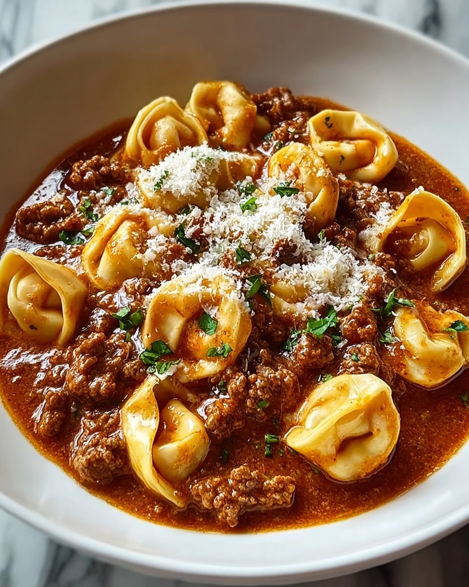A white shallow bowl holds a rich, brown meat sauce with visible small chunks of cooked ground meat scattered throughout. Layered within the sauce are plump tortellini pasta pieces, pale yellow with slightly folded shapes and smooth texture. The dish is topped with a sprinkle of grated white cheese and small pieces of fresh green herbs, adding color contrast. The sauce has a thick, slightly glossy appearance, coating the pasta well. The background features a white marbled texture. photo taken with an iphone --ar 4:5 --v 7