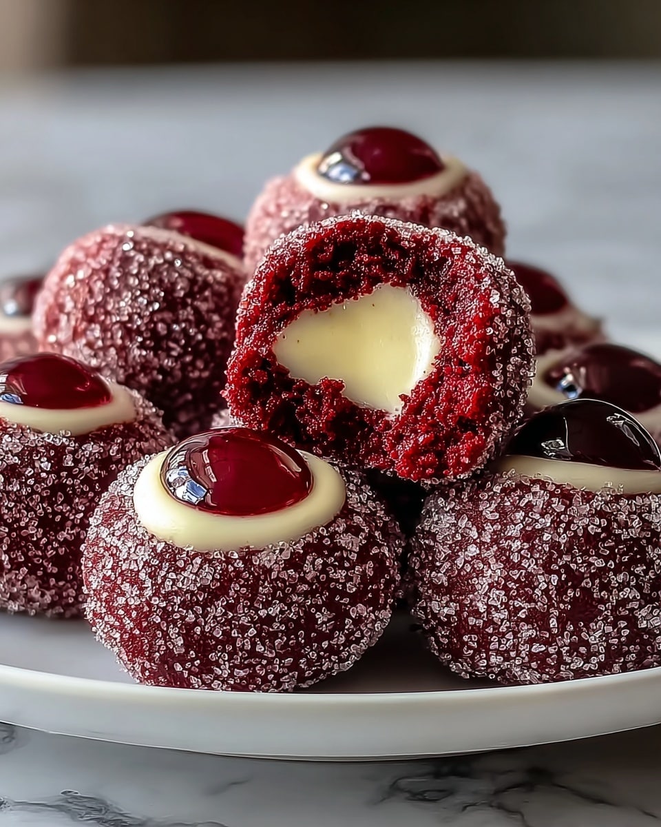 A white plate holds several small, round, deep red velvet cake balls covered in granulated sugar, giving them a slightly rough texture. Each cake ball has a smooth dollop of creamy white filling at its center, topped with a glossy, dark red jelly-like layer that shines under the light. One cake ball is broken open and rests on top, showing a moist, crumbly red interior. The plate is set against a soft-focus background with a white marbled surface beneath. photo taken with an iphone --ar 4:5 --v 7