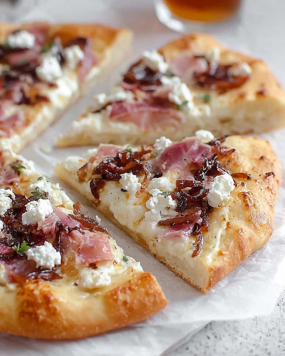 A white pizza with three slices shown, placed on white parchment paper over a white marbled textured surface. The pizza crust is golden brown and thick, with a soft, airy texture visible on the cut edges. The first layer is a melted white cheese base, creamy and smooth. On top of this are scattered small dollops of white ricotta cheese with a soft, crumbly texture. There are pieces of thinly sliced, pinkish cured meat and dark brown caramelized onions spread evenly across the pizza, adding contrast with their glossy texture. The overall look is warm and inviting, showing the fresh ingredients clearly. Photo taken with an iphone --ar 4:5 --v 7