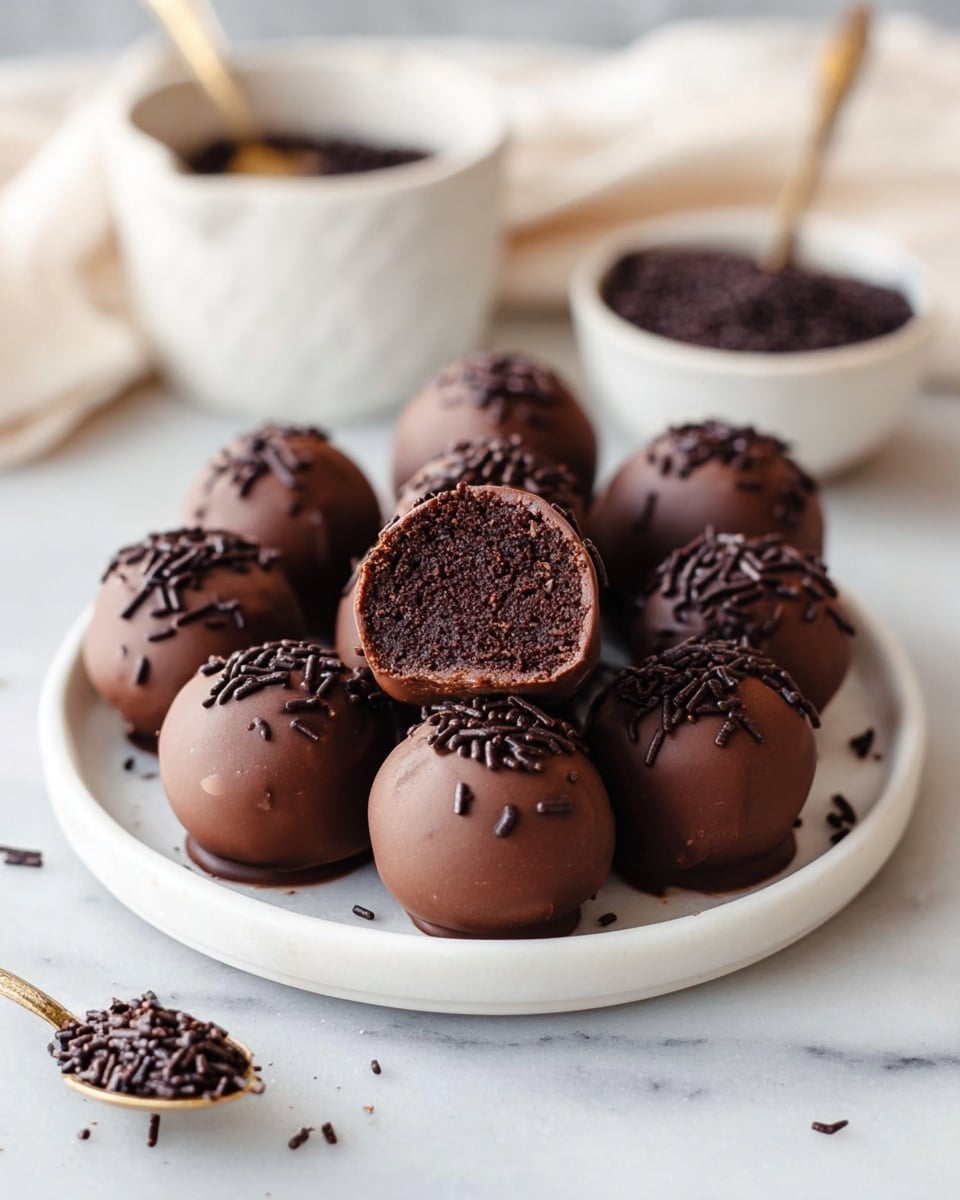 The image shows a white plate filled with round chocolate-covered cake balls, each topped with small dark chocolate sprinkles. One cake ball is cut in half and held above the plate, revealing a dense, dark brown cake center with a smooth, milk chocolate coating. There are a few chocolate sprinkles scattered on the white marbled surface around the plate. In the background, there is a white bowl filled with more chocolate sprinkles and a small gold spoon inside it. The overall setting has soft natural light highlighting the textures of the cake balls. photo taken with an iphone --ar 4:5 --v 7