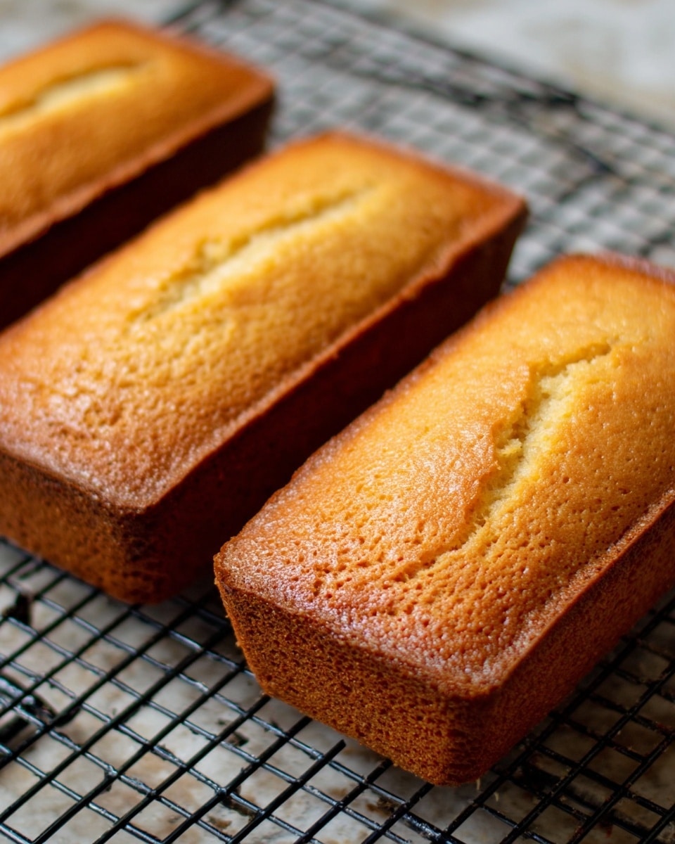 Two freshly baked small rectangular cakes are cooling on a black wire rack. Each cake has a golden brown top with a slightly cracked surface and a soft, moist texture visible. The edges are darker and crispier, forming a slightly raised border around the cake. The cakes sit on a white marbled texture surface in the background. photo taken with an iphone --ar 4:5 --v 7
