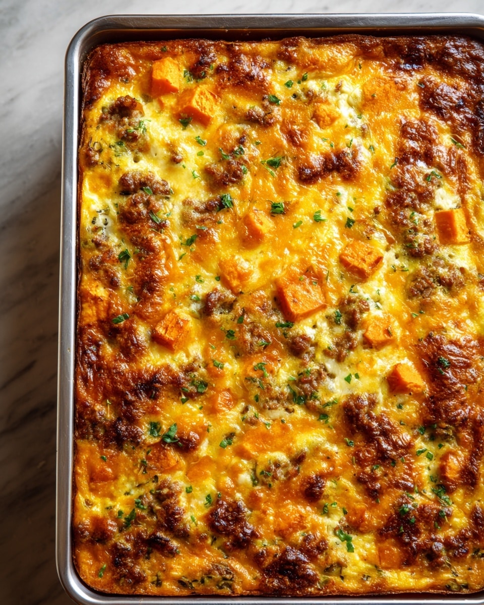 A slice of thick egg casserole is shown being lifted out of a metal baking dish, with a white marbled texture surface below. The casserole has several visible layers: the top is a golden-yellow baked egg layer with brown bits of cooked sausage and small green pieces, likely herbs or vegetables. Inside the slice, there are chunks of orange sweet potatoes mixed evenly with ground sausage and green pepper pieces, all held together by a light, fluffy egg base that gives a soft texture. The slice is firm but moist, showing a mix of colors and textures in each layer. Photo taken with an iphone --ar 4:5 --v 7