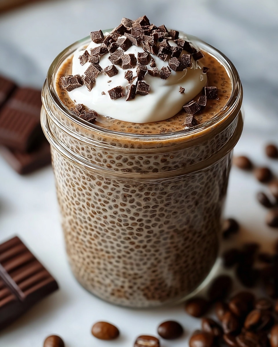 A clear glass jar filled with a light brown chia seed pudding showing many tiny, gel-like chia seeds evenly mixed throughout. On top, there is a dollop of thick white cream, covered with small dark brown chocolate chunks. The jar sits on a white marbled surface scattered with whole coffee beans and broken pieces of dark chocolate squares. The image focuses closely on the jar, capturing the texture of the pudding and toppings in soft natural light. photo taken with an iphone --ar 4:5 --v 7