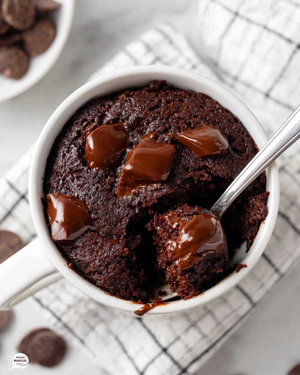 A white cup filled with a rich, dark chocolate mug cake with a soft, moist texture. The top layer is studded with glossy, melted chocolate chips, some slightly sunken into the cake. A silver spoon lifting a chunky, gooey bite of the cake shows its dense, moist crumb and gooey melted chocolate patches. The cup sits on a white marbled surface scattered with chocolate chips and a black and white checkered cloth nearby. In the background, there is another white cup with a similar cake and two glass bottles filled with milk. A woman's hand holds the spoon. photo taken with an iphone --ar 4:5 --v 7