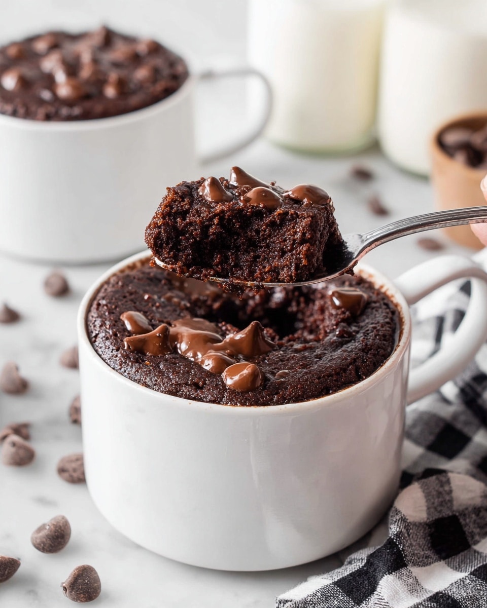 A white mug filled with a thick, rich chocolate cake that has a slightly cracked, textured surface. The top layer is dotted with large, glossy melted chocolate chunks that look smooth and shiny. A silver spoon is scooping up a soft, moist piece of the cake from the center, highlighting the dense and fudgy inside with gooey melted chocolate visible in the chunks. The mug is set on a white marbled surface with a white and black checkered cloth partially visible underneath. Photo taken with an iphone --ar 4:5 --v 7