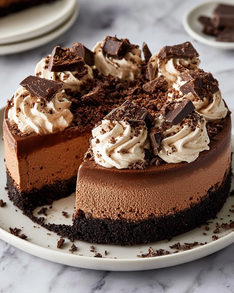 A round chocolate cream pie with a thick, dark chocolate crumb crust forming the base and sides, topped with a dense, smooth medium brown chocolate mousse layer in the middle, then a lighter whipped chocolate cream layer above it. Around the top edge are six swirls of light cream, each decorated with dark chocolate chunks and chocolate crumbs. The pie is sitting on a white plate with crumbs scattered on it, all placed on a white marbled surface. Photo taken with an iphone --ar 4:5 --v 7