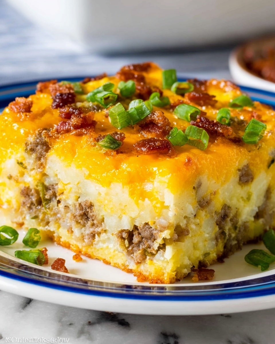 A thick slice of a breakfast casserole sits on a white plate with blue stripes, placed on a white marbled surface. The bottom layer is a dense, light yellow base that looks soft and full of small potato pieces. The top layer has melted orange cheddar cheese that spreads evenly over the slice. Scattered on top are crispy, browned bacon bits and fresh green chopped chives, adding texture and color contrast. The photo shows close-up details of the casserole’s layers and toppings, making it look warm and appetizing. photo taken with an iphone --ar 4:5 --v 7