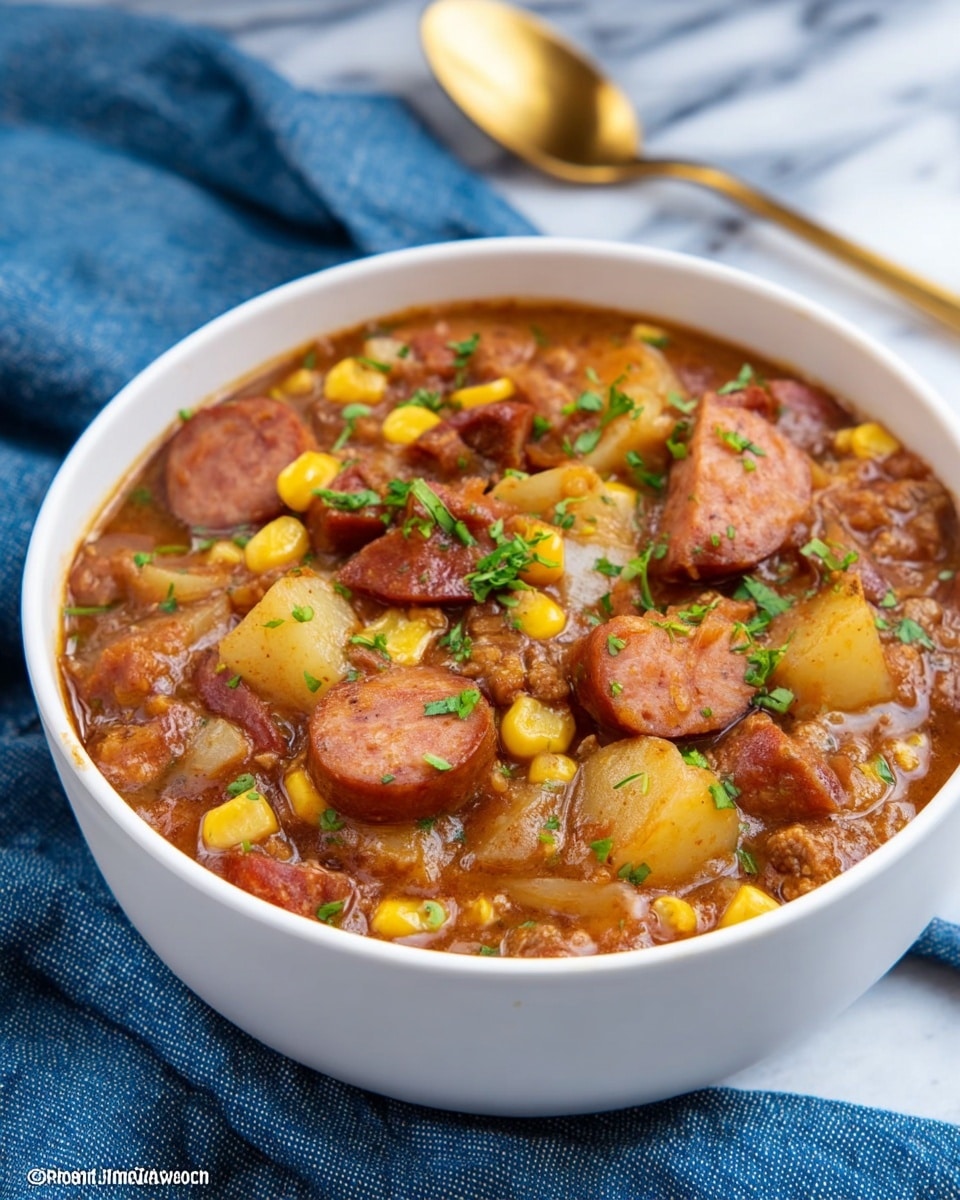 A white bowl filled with thick stew showing several layers of chunky ingredients: sliced brown sausages, light yellow potato cubes, yellow corn kernels, and small bits of green herbs sprinkled on top. The stew has a rich brown sauce with visible textures of meat and vegetables mixed inside. The bowl sits on a white marbled surface with a gold spoon placed beside it, and a blue fabric partially under the bowl. Photo taken with an iphone --ar 4:5 --v 7