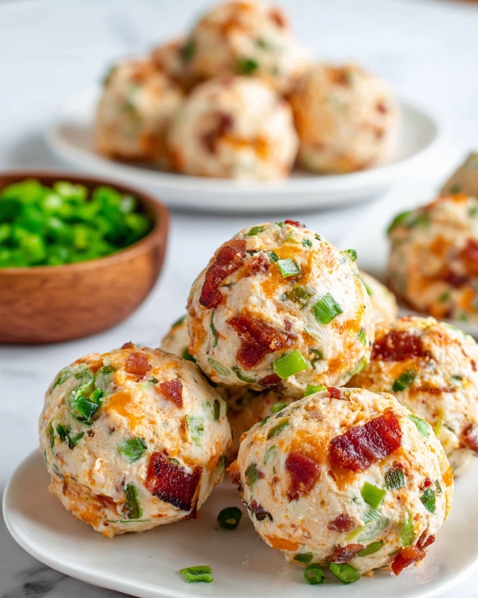 The image shows several round cheese balls made with visible chunks of green onions, red bacon bits, and orange cheese mixed in a creamy texture. Each ball is roughly the same size and placed closely on a white plate with a smooth finish. In the blurred background, there is a white plate with more cheese balls and a wooden bowl filled with chopped green onions. The setting sits on a white marbled surface that is clean and bright. The cheese balls have a slightly rough, uneven texture due to the mixed ingredients photo taken with an iphone --ar 4:5 --v 7
