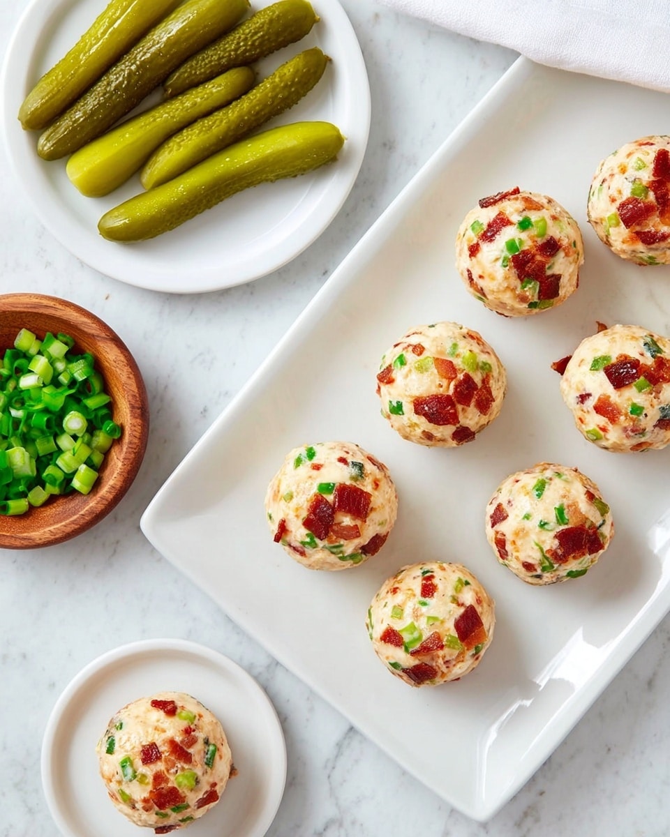 The image shows nine small round cheese balls with visible pieces of bacon and chopped green onions, arranged neatly on a large white rectangular plate. Each cheese ball is creamy with specks of red and green scattered evenly throughout. To the left, there is a small white round plate with three long green pickles closely placed. Below that plate, there is a small wooden bowl filled with sliced green onions. A single cheese ball sits on a small white round plate in the bottom left corner. All items are placed on a white marbled surface. The photo taken with an iphone --ar 4:5 --v 7