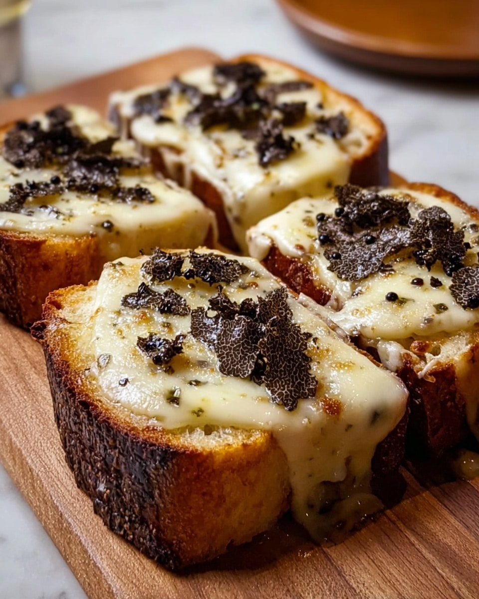 The image shows a wooden cutting board on a white marbled surface holding six slices of garlic bread arranged side by side. Each slice has a golden brown crust with a soft inside, topped with melted, slightly browned cheese that looks stretchy and bubbly. Small bits of green herbs sprinkle on top of the cheese, adding color and freshness. The bread's texture looks crisp on the edges and soft inside. The background has a blurred white paper or cloth under the board with some green leaves out of focus nearby. Photo taken with an iphone --ar 4:5 --v 7