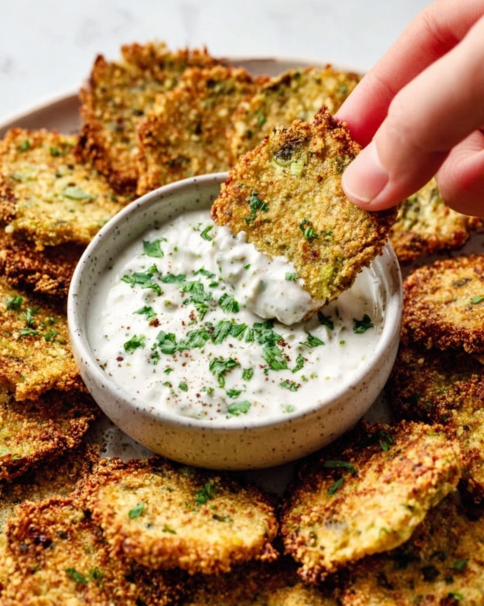 The image shows a white bowl filled with creamy white dip sprinkled with chopped green herbs. Surrounding the bowl are many golden-brown, crispy, round patties with visible green bits inside, arranged on a white marbled surface. A woman's hand is dipping one of the patties into the white bowl, holding it gently from the edge. Photo taken with an iphone --ar 4:5 --v 7