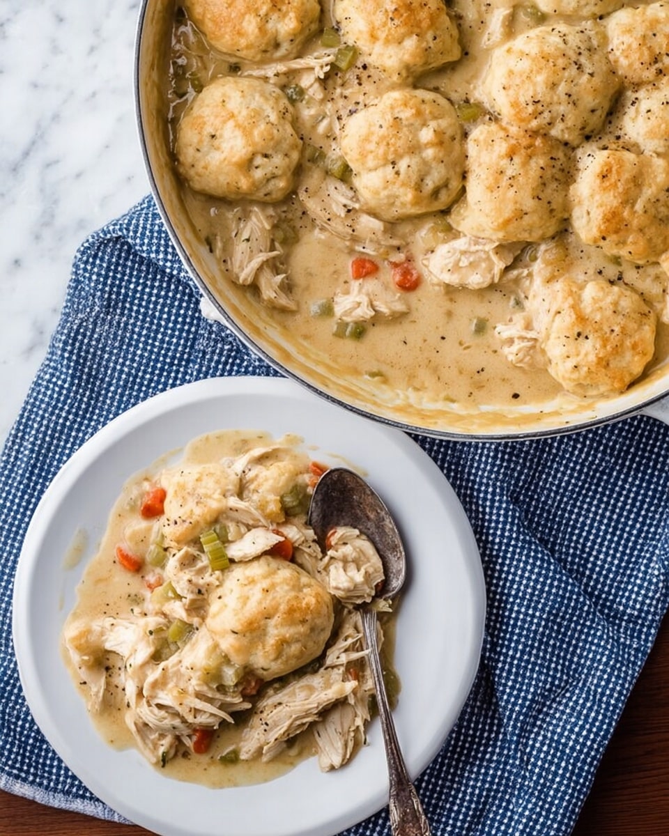The dish on a white plate has three large, soft dumplings on top, each light beige with a slightly uneven, puffy texture. Underneath and around the dumplings, there is shredded chicken mixed with small pieces of green and orange vegetables, all covered in a thick, creamy, light brown gravy that looks rich and smooth. A large, slightly tarnished spoon rests on the right side of the plate, partially dipped into the gravy, showing its thick consistency. The plate sits on a white marbled surface with a blue and white checked cloth partly underneath. Photo taken with an iphone --ar 4:5 --v 7