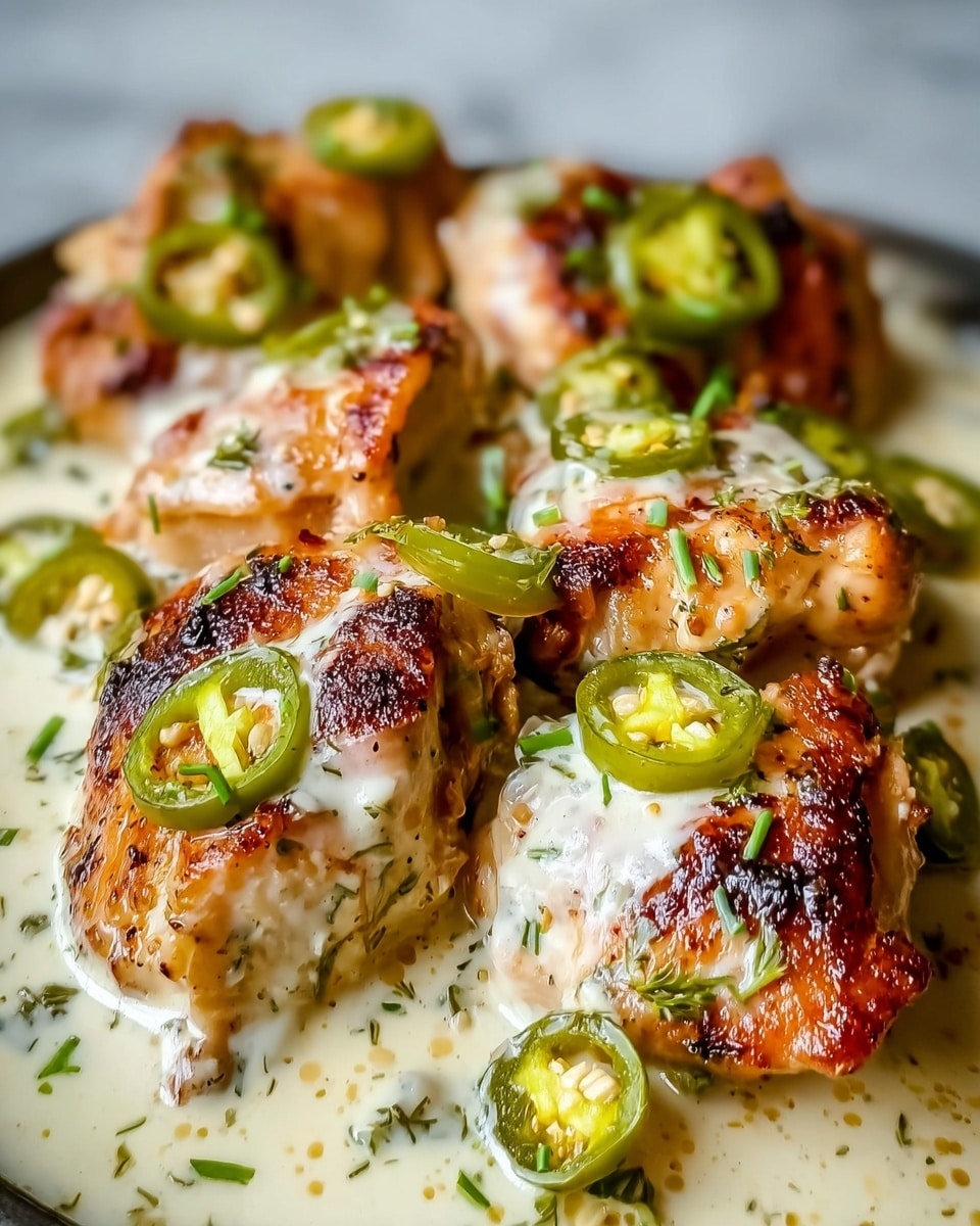 The dish shows several pieces of golden brown, grilled chicken thighs placed closely together, each piece having a crispy and slightly charred texture on top. The chicken is covered in a creamy white sauce with specks of herbs evenly spread throughout. Bright green slices of jalapeño peppers are scattered on top and around the chicken, adding a fresh and spicy visual touch. The entire dish is set on a surface with a white marbled texture. photo taken with an iphone --ar 4:5 --v 7