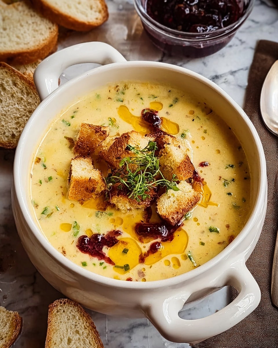 A bowl of creamy, light yellow soup with small green herbs mixed in, topped with toasted golden-brown bread chunks in the center. There are bright orange oil drops and a thick streak of dark red sauce on the surface, with a small sprig of fresh green herbs placed on the bread. The soup is in a white bowl with handles, set on a white marbled surface with a silver spoon and slices of bread nearby, along with a clear bowl of dark red jam. Photo taken with an iphone --ar 4:5 --v 7