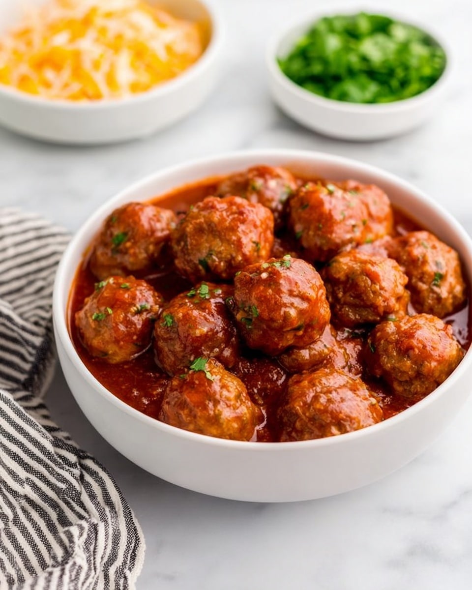 The image shows a white bowl filled with many small, round meatballs covered in a smooth, shiny orange-red sauce. The meatballs are packed closely together, and the sauce looks thick with a slightly glossy texture, coating each meatball evenly. The bowl sits on a white marbled surface, with two smaller white bowls in the background; one contains shredded yellow cheese, and the other has green leafy herbs. A white cloth with black stripes is partly visible next to the bowl of meatballs. Photo taken with an iphone --ar 4:5 --v 7