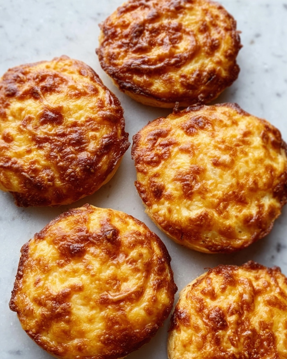 The image shows five golden brown cheese biscuits with a crispy, bubbly top layer, and slightly rough edges. Each biscuit is round and thick, with visible layers of melted cheese creating a textured surface. They are placed close together on a white marbled surface, which enhances the warm tones of the biscuits. The cheese on top appears melted and caramelized, giving a glossy shine and inviting look. Photo taken with an iphone --ar 4:5 --v 7
