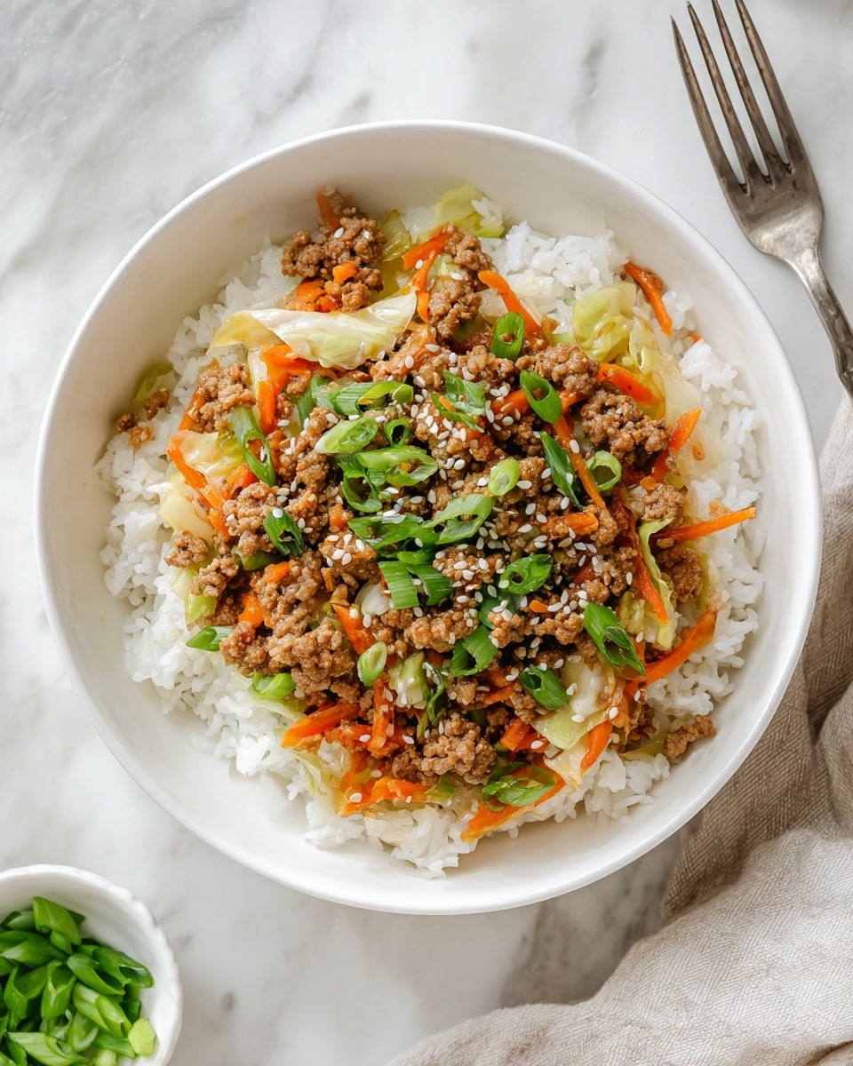 A close-up view of a white bowl filled with stir-fried chicken mixed with chopped vegetables. The dish has light brown pieces of chicken layered throughout, mixed with translucent, cooked cabbage showing pale yellow and green shades, along with small bits of purple cabbage, orange carrot bits, and green scallions, creating a colorful mix. A pair of dark chopsticks is seen picking up some pieces from the right side of the bowl. The background features a white marbled texture. Photo taken with an iphone --ar 4:5 --v 7