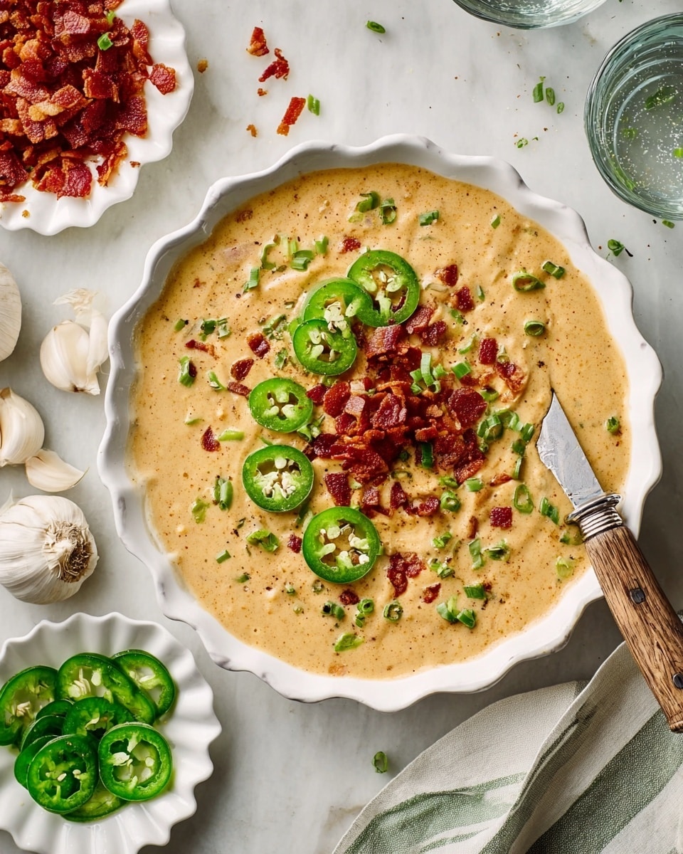 A white scalloped bowl filled with a creamy, light brown soup that has a thick texture and visible bits of ingredients mixed inside. On top, there are three layers of garnishes: thinly sliced green jalapeño rings forming the top layer, chopped green onions scattered underneath, and crispy, crumbled reddish-brown bacon pieces covering the base of the garnishes near the center. A wooden knife with a metal tip rests on the edge of the bowl. Around the bowl, there are small white scalloped dishes containing sliced jalapeños and bacon, whole heads of garlic, and a glass of water, all placed on a white marbled surface. photo taken with an iphone --ar 4:5 --v 7