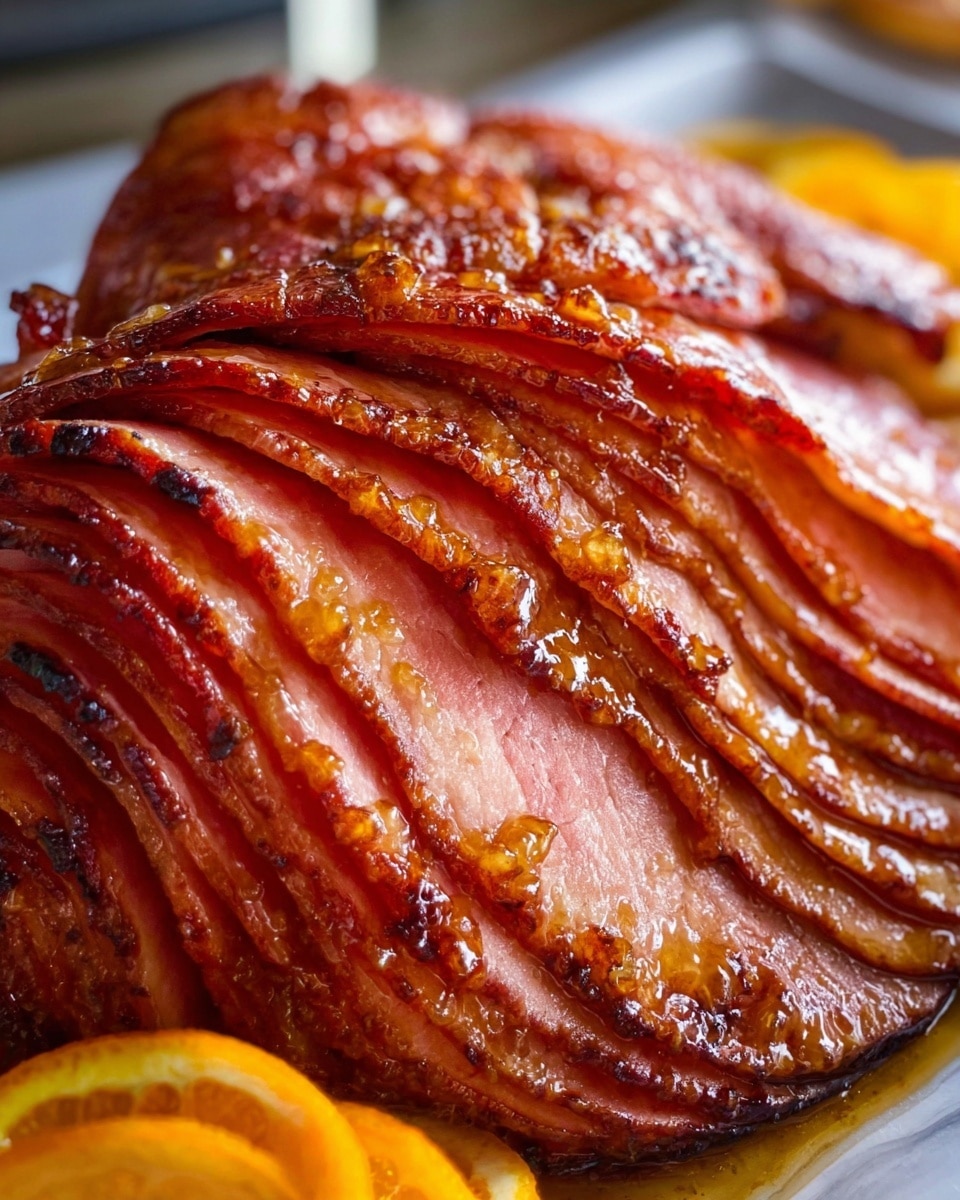 A close-up view of a spiral sliced ham with a shiny, caramelized glaze on the surface showing layers of thin, reddish-brown meat slices with visible fat edges. The texture of the meat is moist and glossy, with the outer edges slightly charred and darker for a roasted effect. The ham sits on a white marbled surface with a hint of bright orange slices partially visible in the background, bringing a fresh contrast to the rich tones of the ham. The lighting highlights the juicy layers and glaze details clearly. photo taken with an iphone --ar 4:5 --v 7