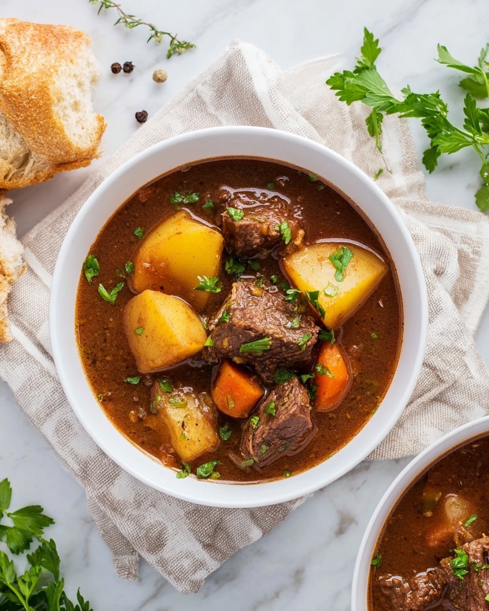 A white bowl filled with a rich brown beef stew sits on a beige and white striped cloth over a white marbled surface. The stew has three visible chunks of tender brown beef, five light brown potato pieces, and some orange carrot slices, all partly covered in thick dark brown broth. Small green parsley leaves are sprinkled on top of the stew and scattered around the bowl. There are some sprigs of fresh green herbs, black peppercorns, and a piece of bread on the white marbled surface near the bowl. Photo taken with an iphone --ar 4:5 --v 7