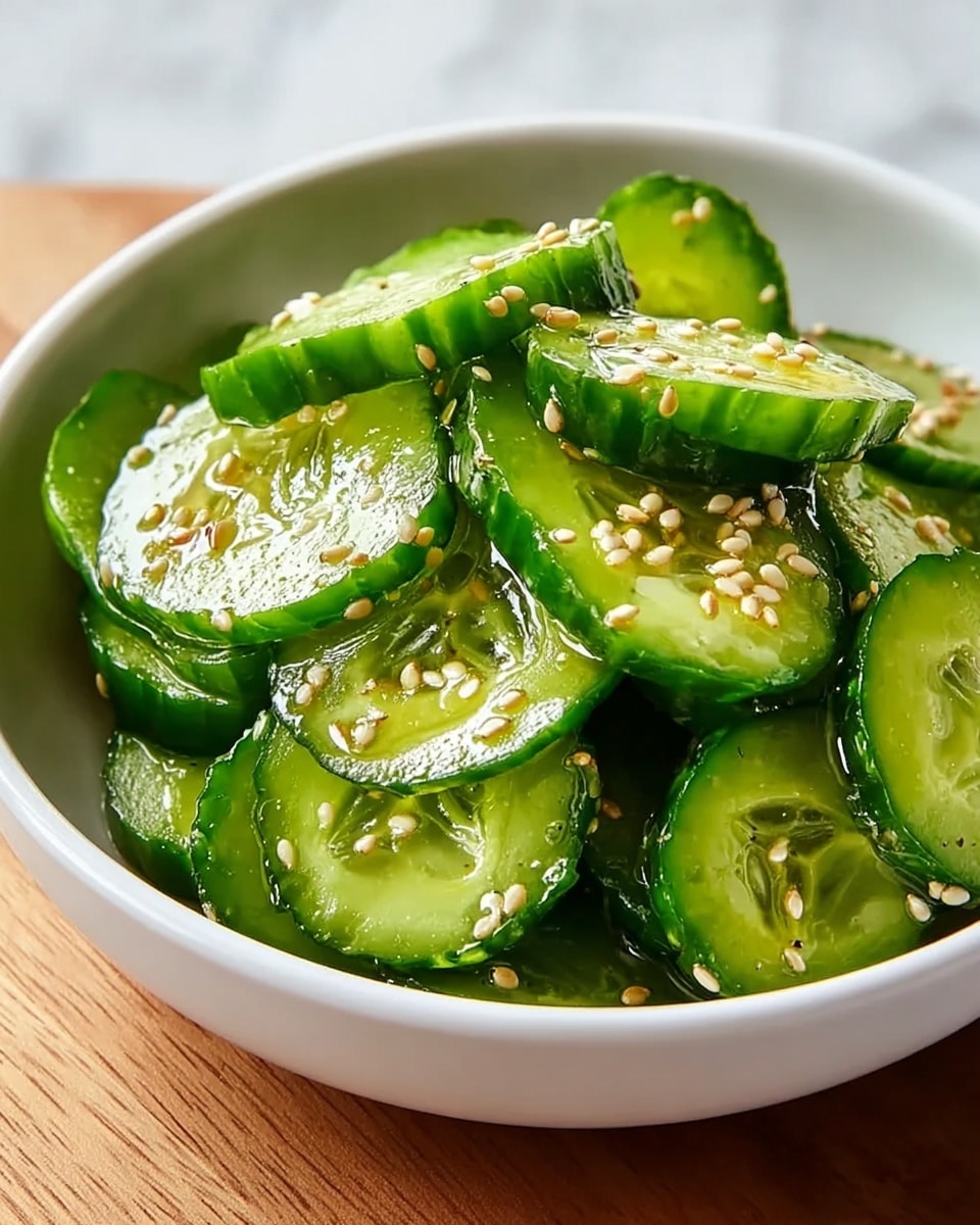A white bowl filled with thick slices of fresh green cucumber, layered in a loose mound. Each cucumber slice is shiny, covered with a light glaze of oil or dressing, and scattered with small off-white sesame seeds. The cucumbers have bright green skin with a slightly lighter, juicy center showing their ringed pattern. The bowl rests on a white marbled surface. Photo taken with an iphone --ar 4:5 --v 7