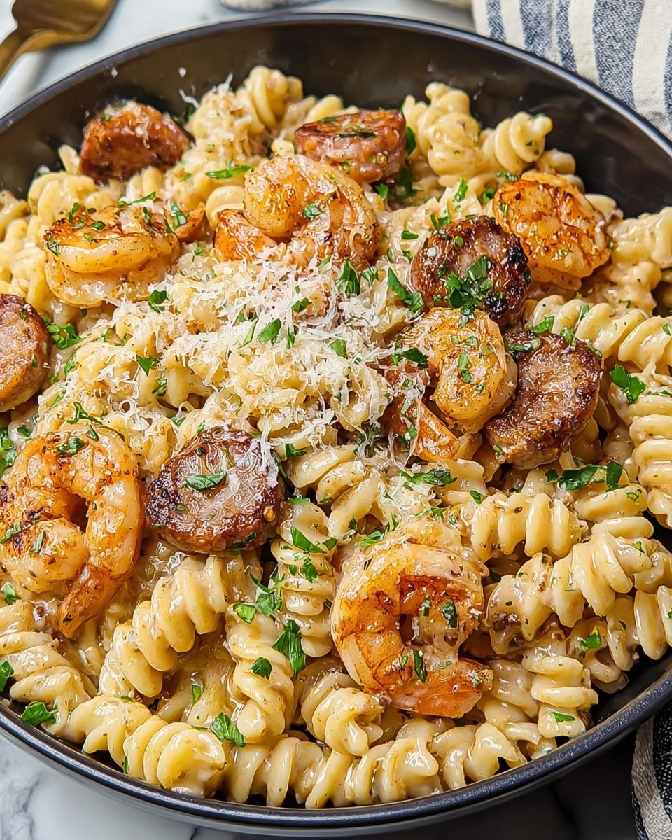 A close-up of a black bowl filled with creamy rotini pasta, topped with sautéed shrimp, browned sausage slices, and sprinkled with grated cheese and finely chopped green herbs. The pasta is coated with a light cream sauce that gives it a shiny, smooth texture. The shrimp are pinkish-orange with a slightly charred look, and the sausage pieces have a crisp, caramelized surface. The bowl sits on a white marbled surface with a striped cloth partially visible on the side. photo taken with an iphone --ar 4:5 --v 7