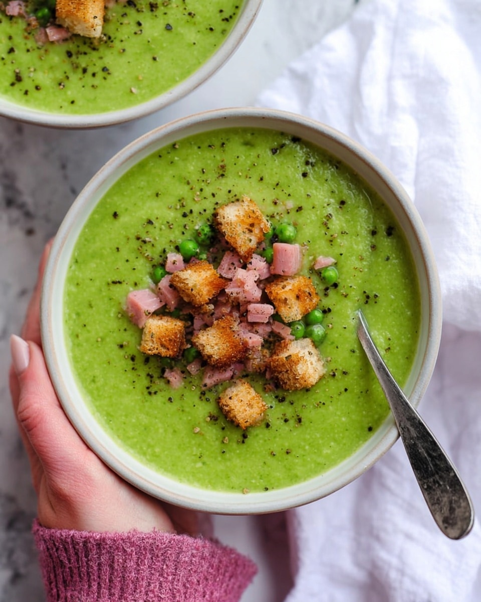 A white bowl filled with a thick, bright green soup that has a smooth texture. On top of the soup, there are small, light brown crunchy croutons and bits of pink ham scattered in the center. The soup surface is sprinkled lightly with black pepper. A silver spoon rests inside the bowl to the right. A woman's hand is holding the bowl from the left side. The bowl is set on a white marbled surface with a white cloth napkin nearby. Another bowl with the same soup and toppings is partially visible at the top. photo taken with an iphone --ar 4:5 --v 7